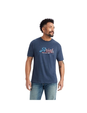 T Shirts Ariat Script Flag Bleu Marine | QOR-9032886