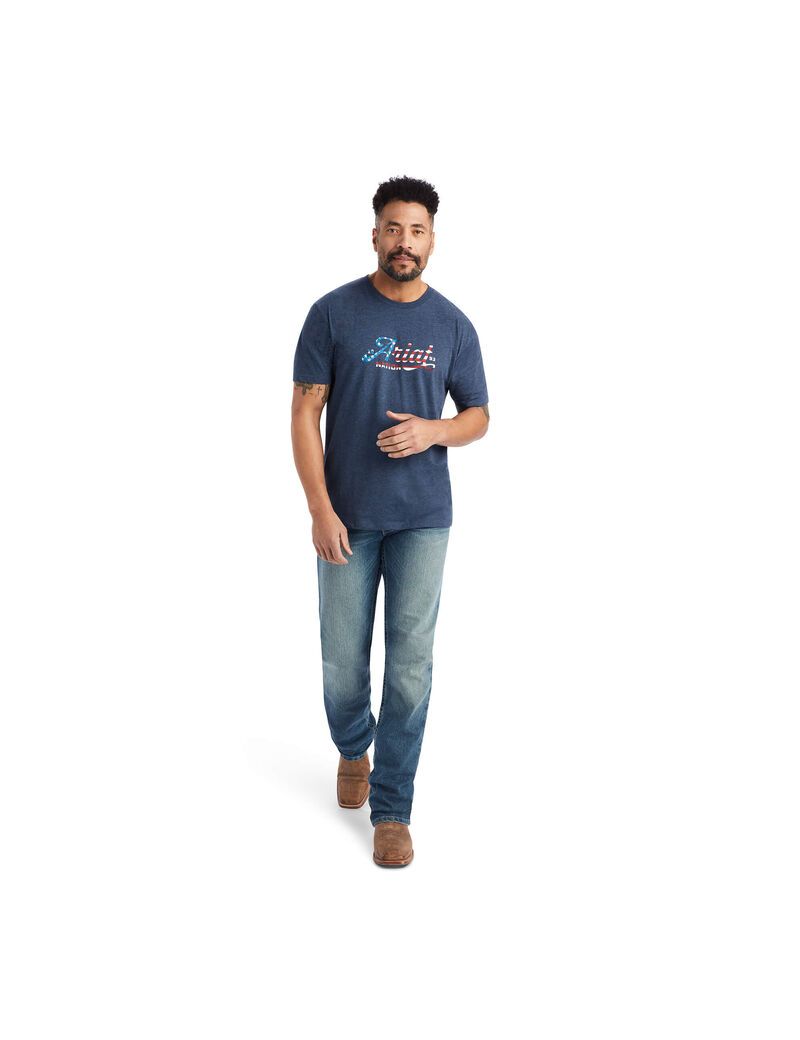 T Shirts Ariat Script Flag Bleu Marine | QOR-9032886