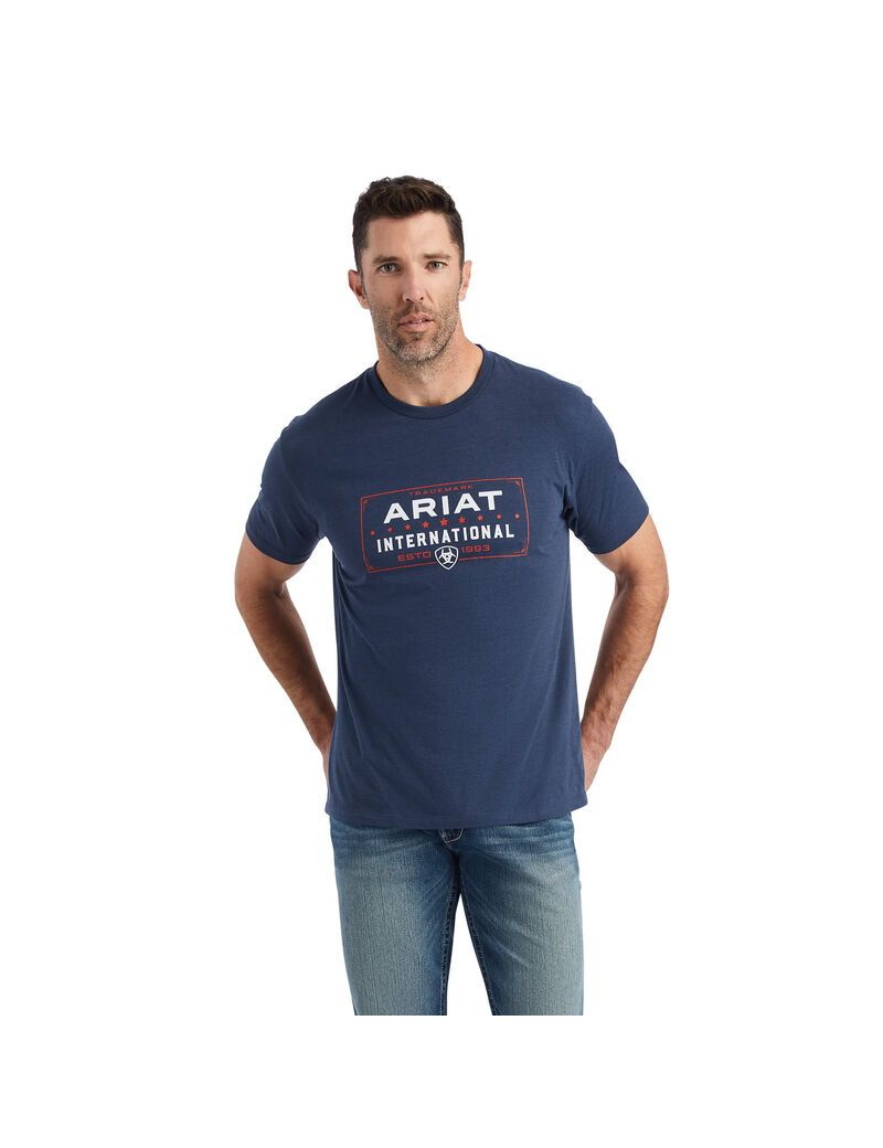 T Shirts Ariat Western Lockup Bleu Marine | TRI-4552139