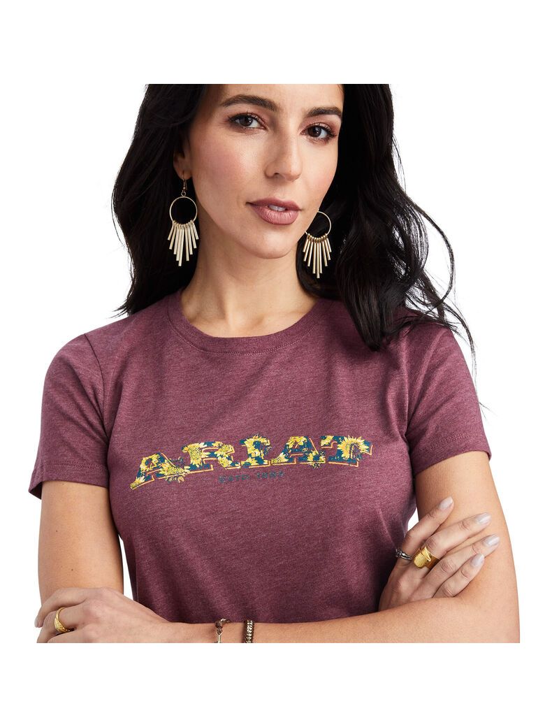 Hauts Ariat Floral Lettres Tee Bordeaux | QMA-7517673