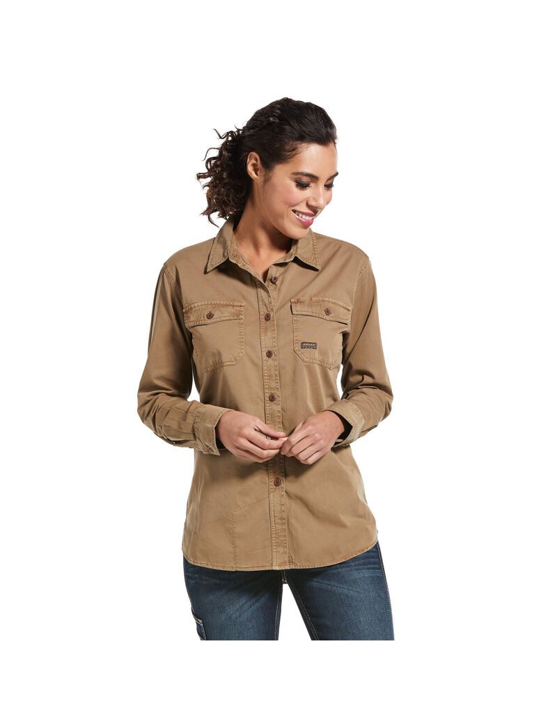 Vêtements De Travail Ariat Rebar Washed Twill Travail Shirts Kaki | UNM-1697863