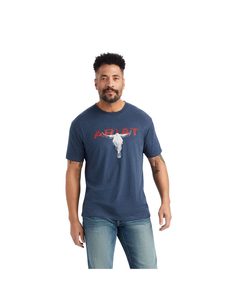 T Shirts Ariat Streak Skull Bleu Marine | GLT-9670234