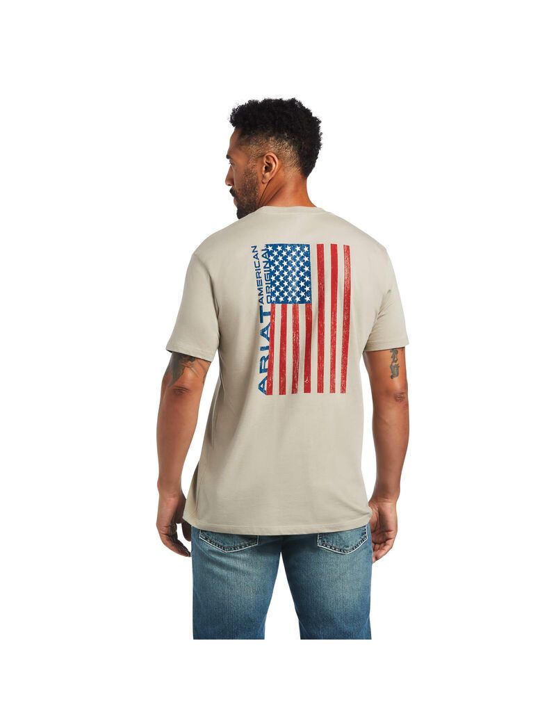 T Shirts Ariat Woodgrain Flag Kaki | JKW-1697082