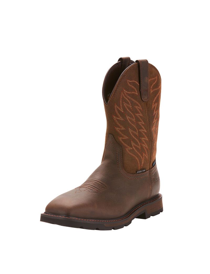 Bottes Imperméables Ariat Groundbreaker Larges Square Embout Steel Embout Travail Marron Foncé | LAD-9850740