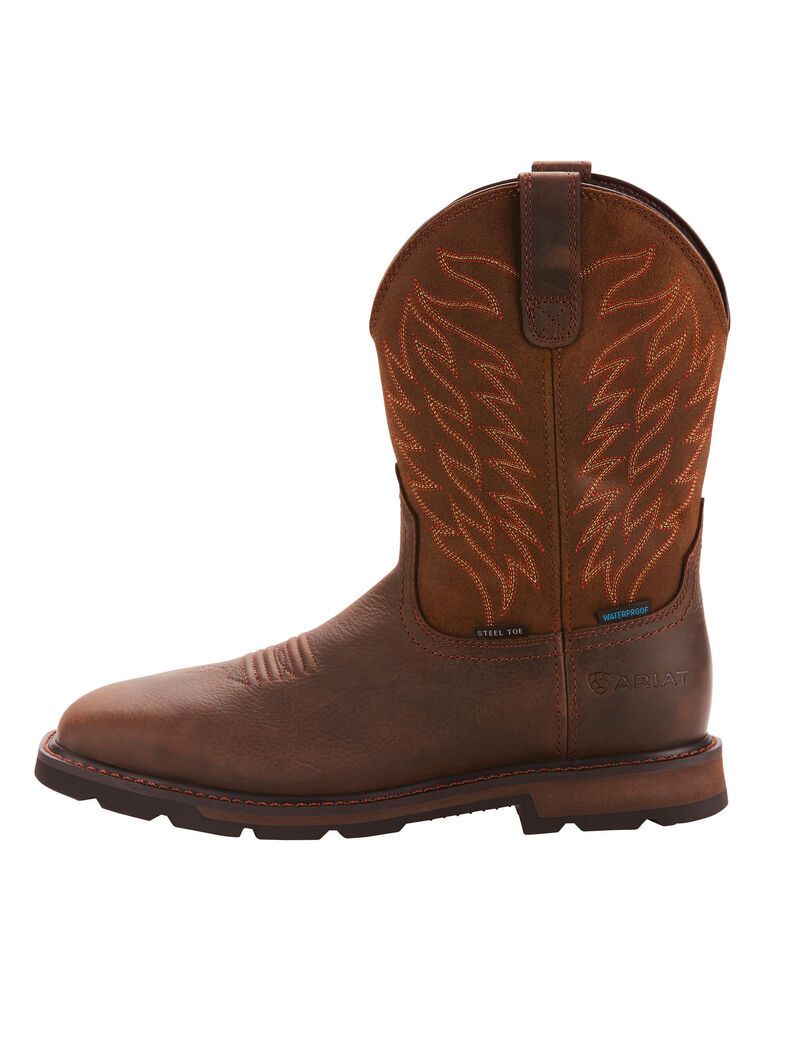 Bottes Imperméables Ariat Groundbreaker Larges Square Embout Steel Embout Travail Marron Foncé | LAD-9850740