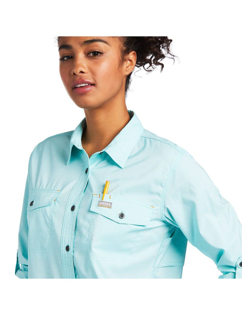 Vêtements De Travail Ariat Rebar Made Tough VentTEK DuraStretch Travail Shirts Turquoise Clair Bleu | TMJ-0512562